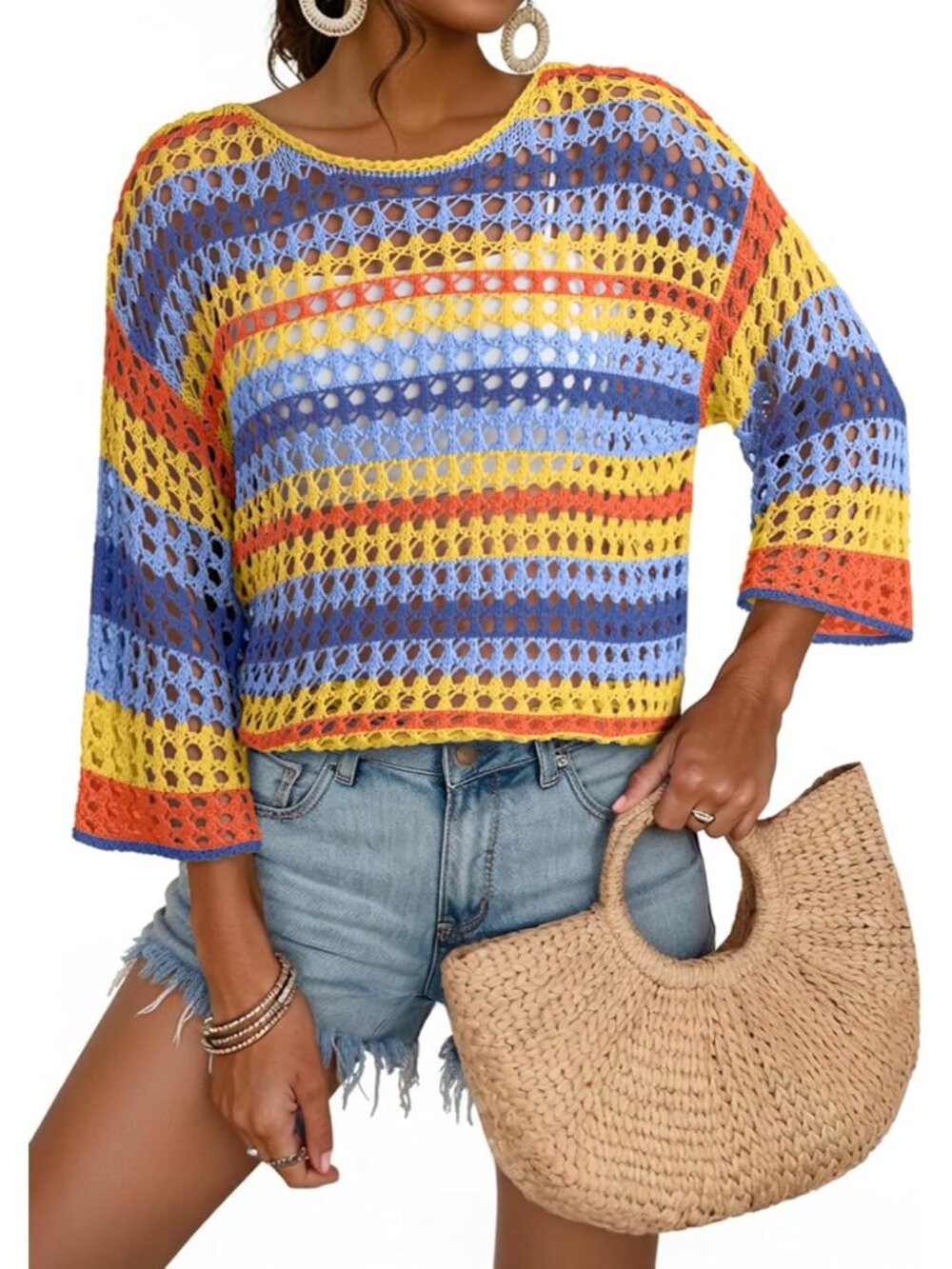 Women's Carrot Sleeve Crochet Sweater Hollow Block  Cover Ups Striped Tops